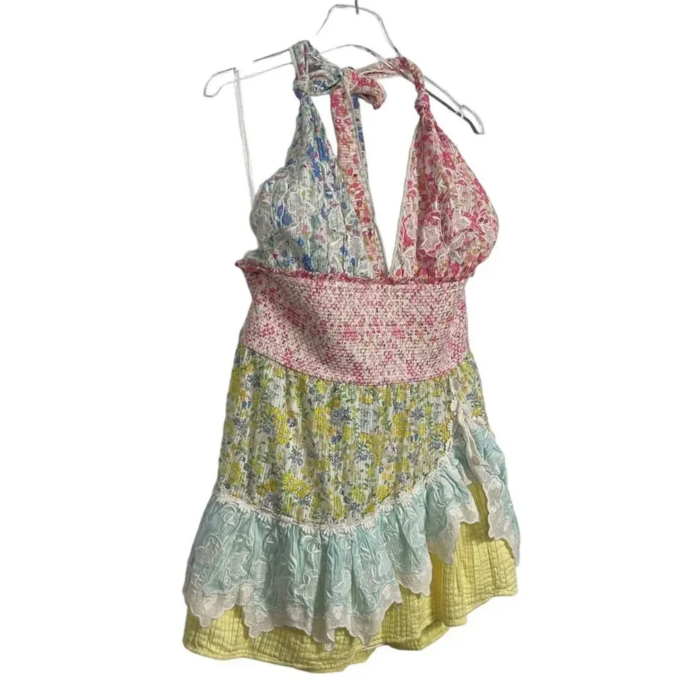 Love Shack Fancy Cambria Colorblock Tiered Halter Mini Dress Size XXL NEW